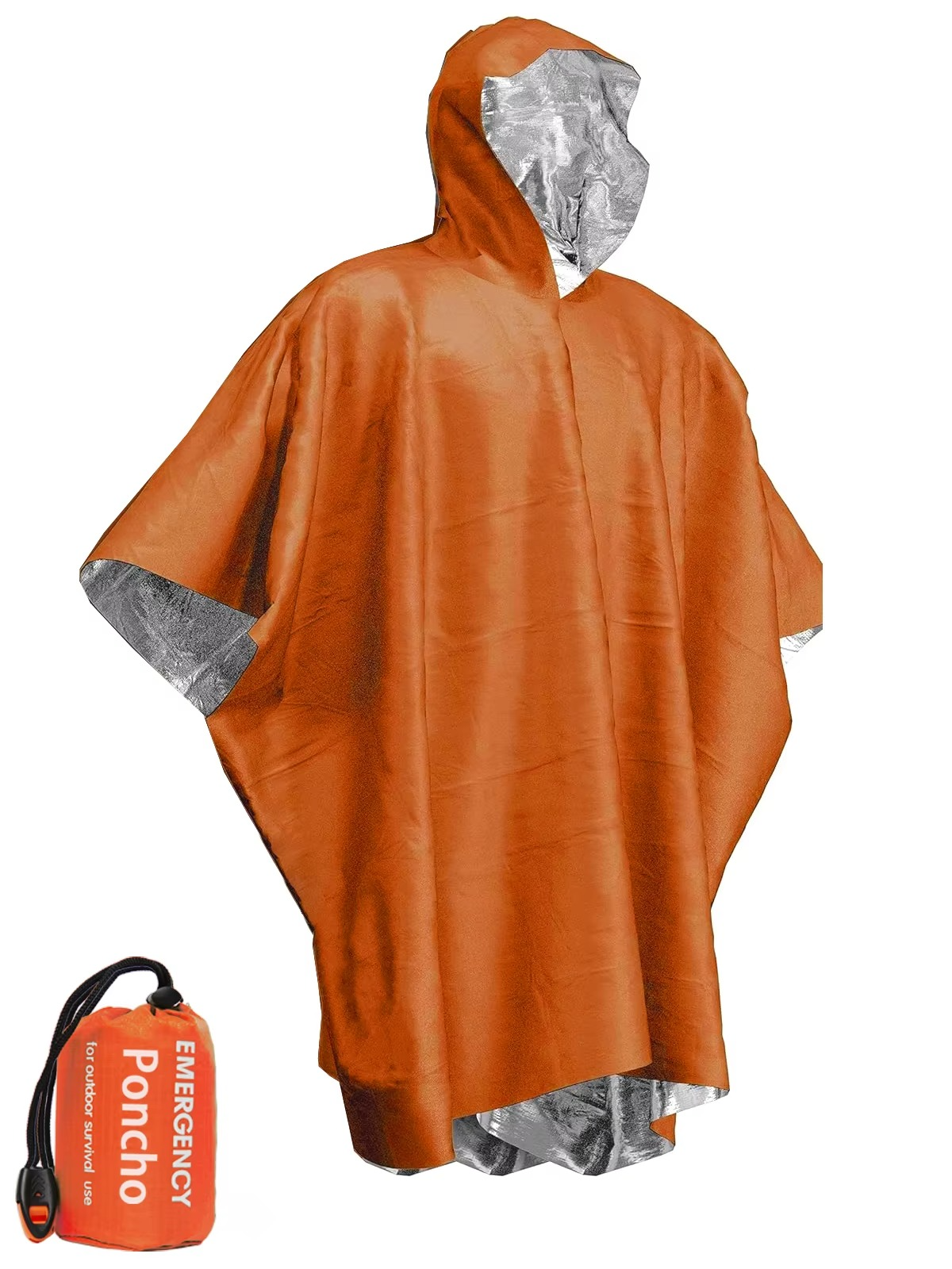 Person demonstrating how to easily put on an emergency thermal rain poncho for quick use