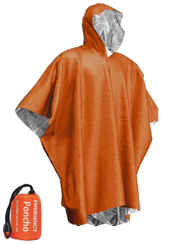 Person demonstrating how to easily put on an emergency thermal rain poncho for quick use