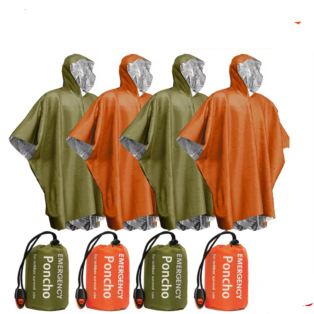 Emergency thermal poncho with clear 'survival gear' and 'waterproof' tags, packed for travel