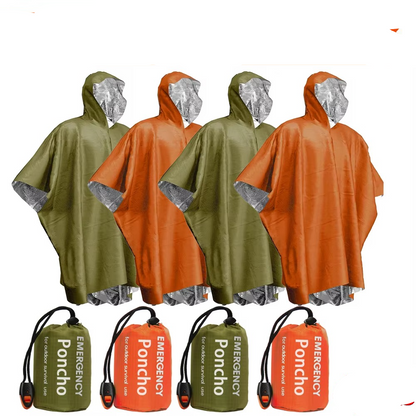 Emergency thermal poncho with clear 'survival gear' and 'waterproof' tags, packed for travel