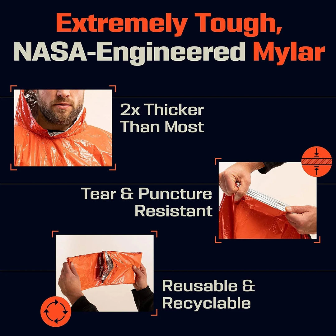 Thermal emergency rain poncho spread out, highlighting reflective Mylar and hood for survival
