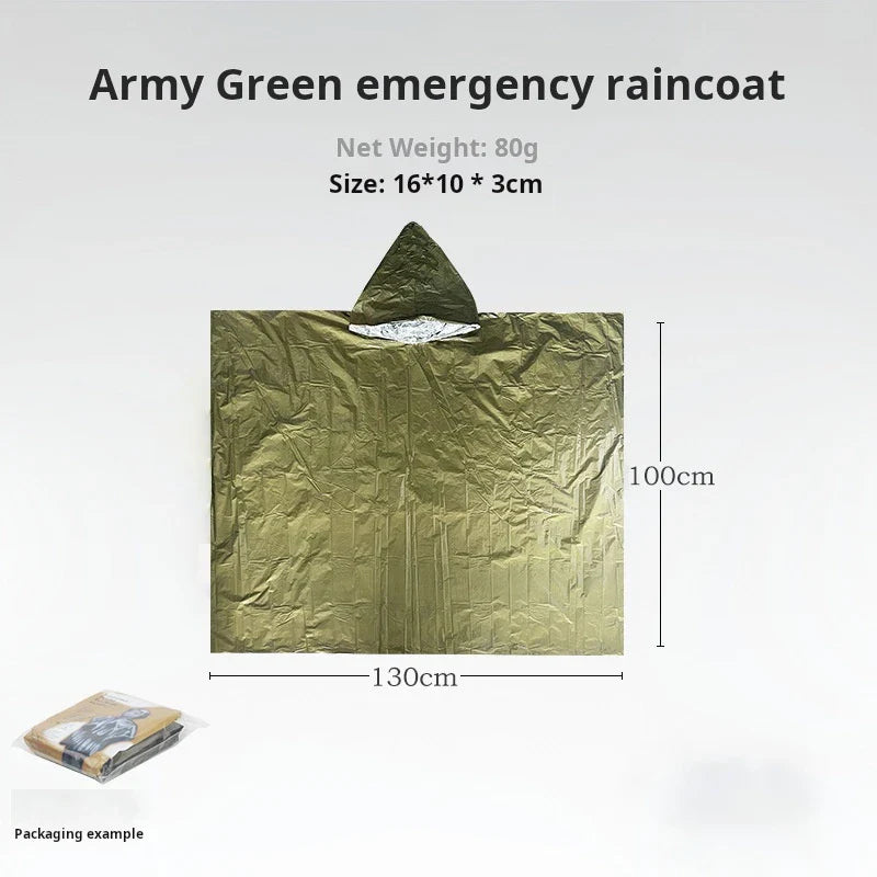Emergency thermal poncho protecting against rain and wind, essential outdoor safety gear