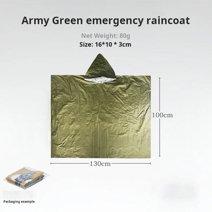 Emergency thermal poncho protecting against rain and wind, essential outdoor safety gear