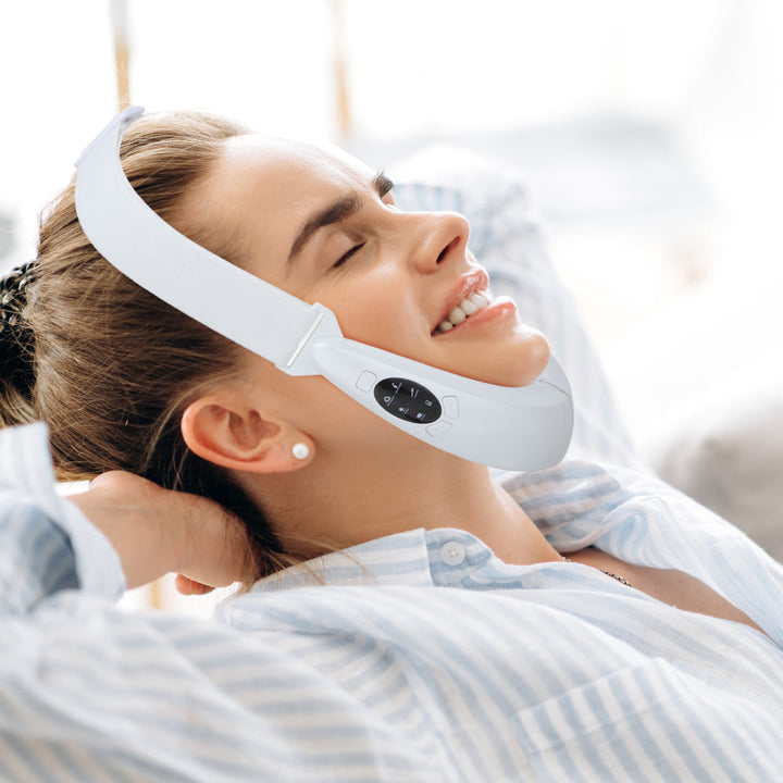 Unisex EMS face device for double chin removal, anti-aging, and facial rejuvenation.