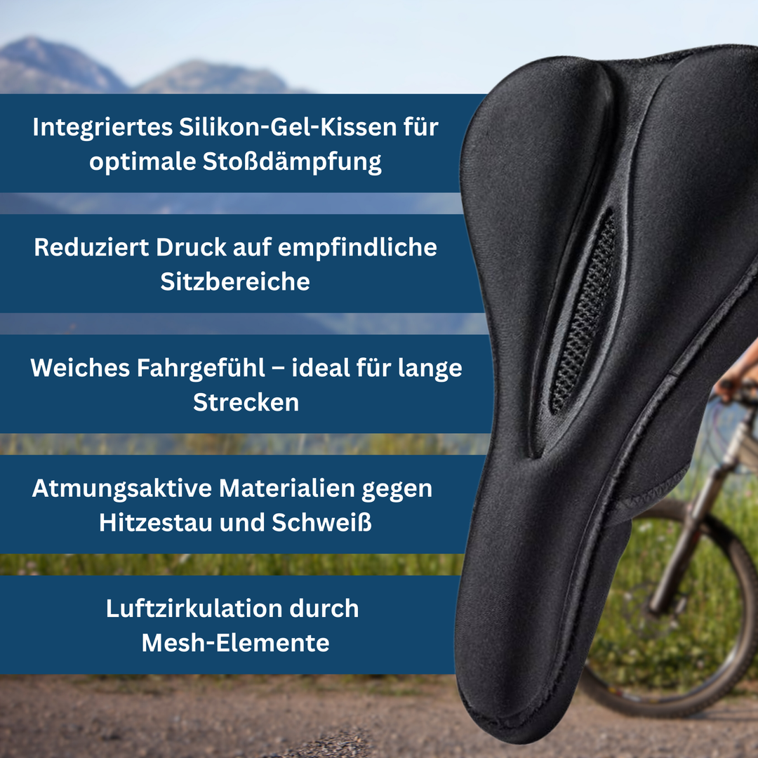 Soft gel bicycle saddle cover, ergonomic design for bike riding comfort.