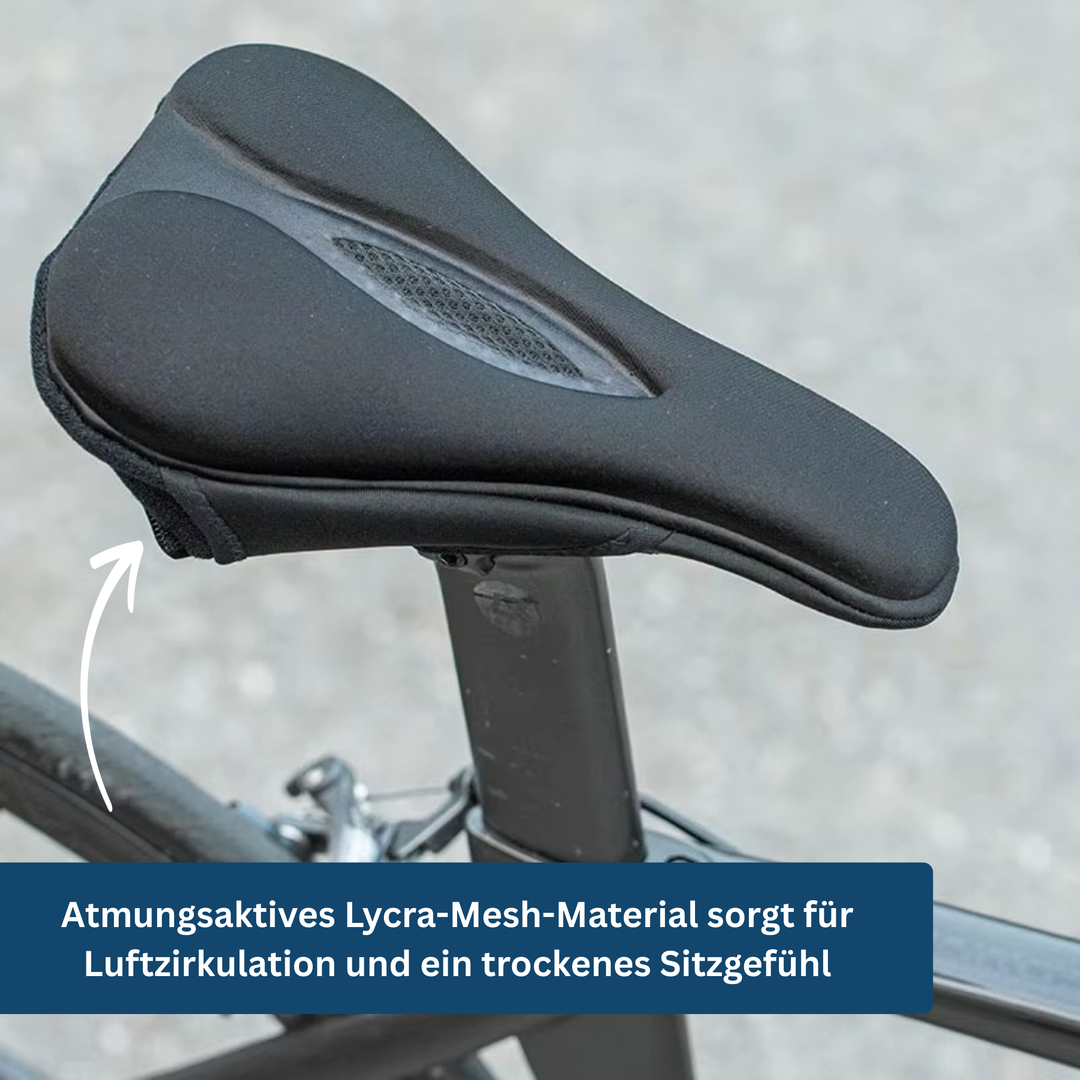 Bicycle seat cover for improved comfort during long rides, ergonomic fit.