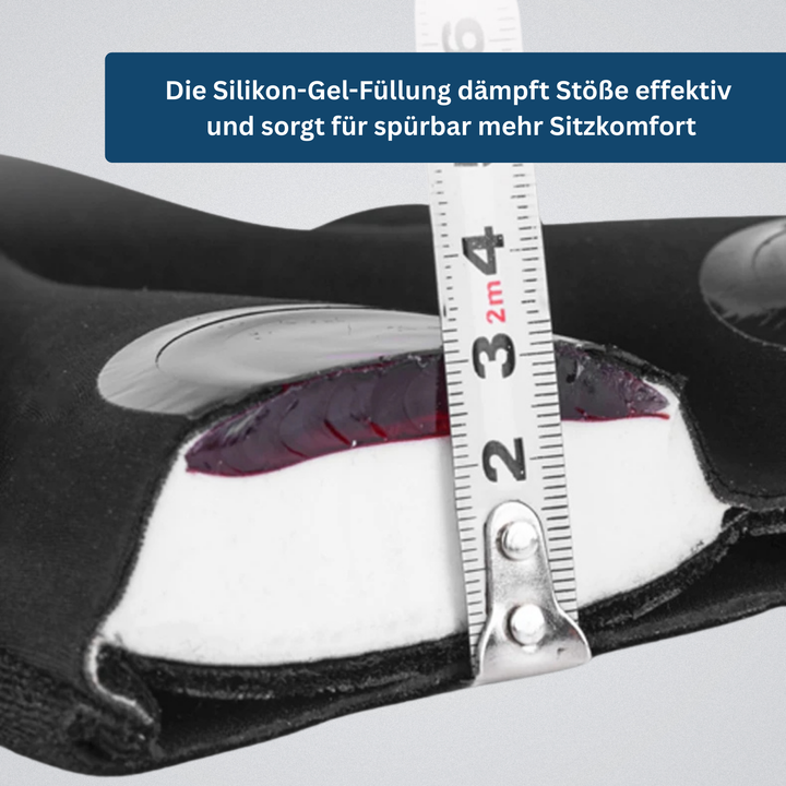 Black ergonomic bicycle saddle cover, essential cycling accessory for pain relief.