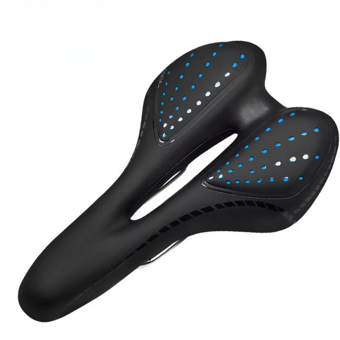 Unisex ergonomic bicycle saddle with wide rear and narrow front for comfort