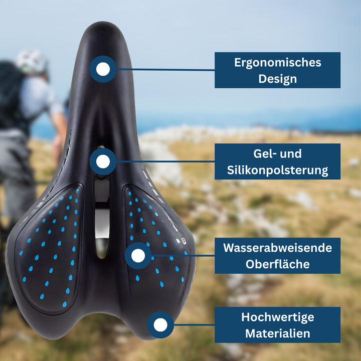 Ergonomic cycling gear: black bicycle saddle with central groove for ventilation