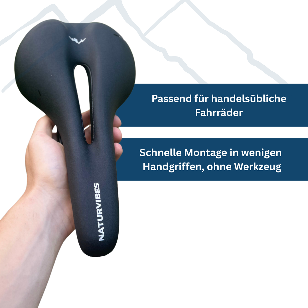 Close-up of a black ergonomic cycling seat, showing textured surface for bike comfort