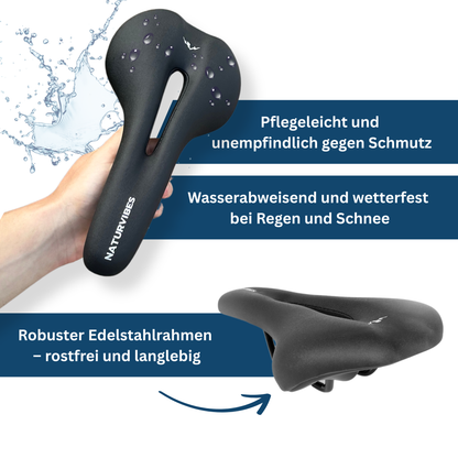 Angled view of a unisex bike saddle, designed for ergonomic comfort on road or MTB