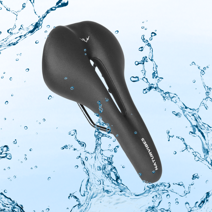 Side profile of a durable unisex ergonomic bike saddle, ideal cycling accessory for long rides