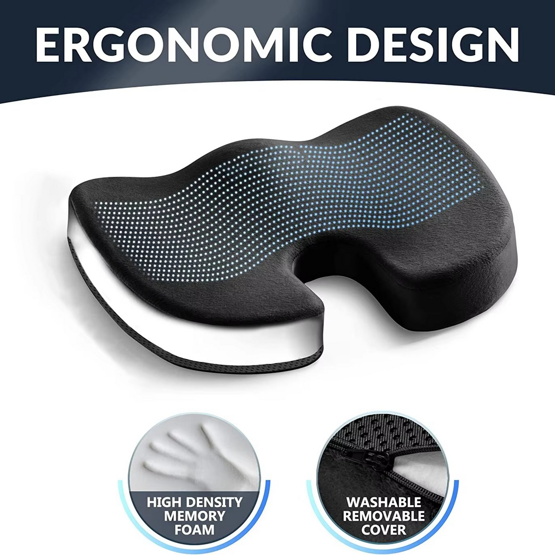 Non-slip ergonomic gel memory foam seat pad for posture correction & pain relief.