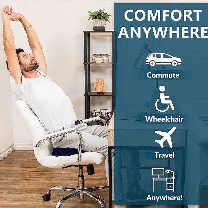 Ergonomic gel memory foam seat cushion, a posture corrector for back pain relief in any seat.