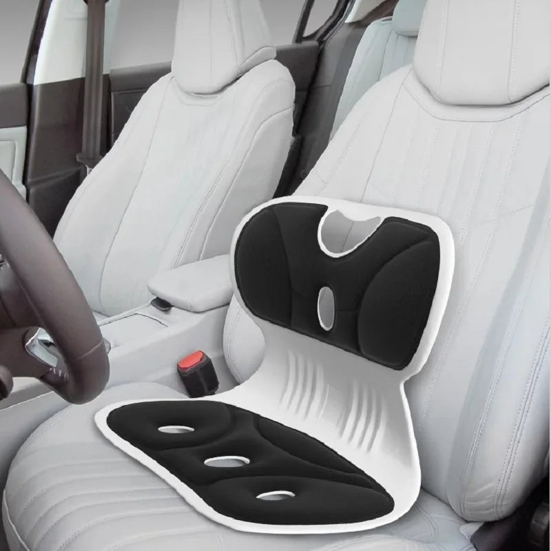Ergonomic memory foam lumbar support cushion for office, desk, and car chairs, providing posture correction & back pain relief.