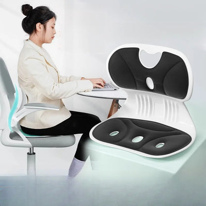 Memory foam lumbar back support cushion designed for ergonomic posture correction & lower back pain relief in any chair.