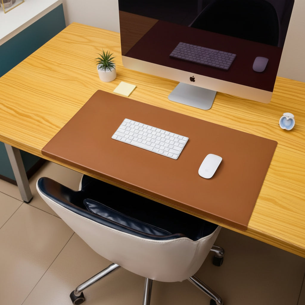 Sleek black PU leather desk mat, ergonomic with wrist support. Creates a professional & comfortable workspace.