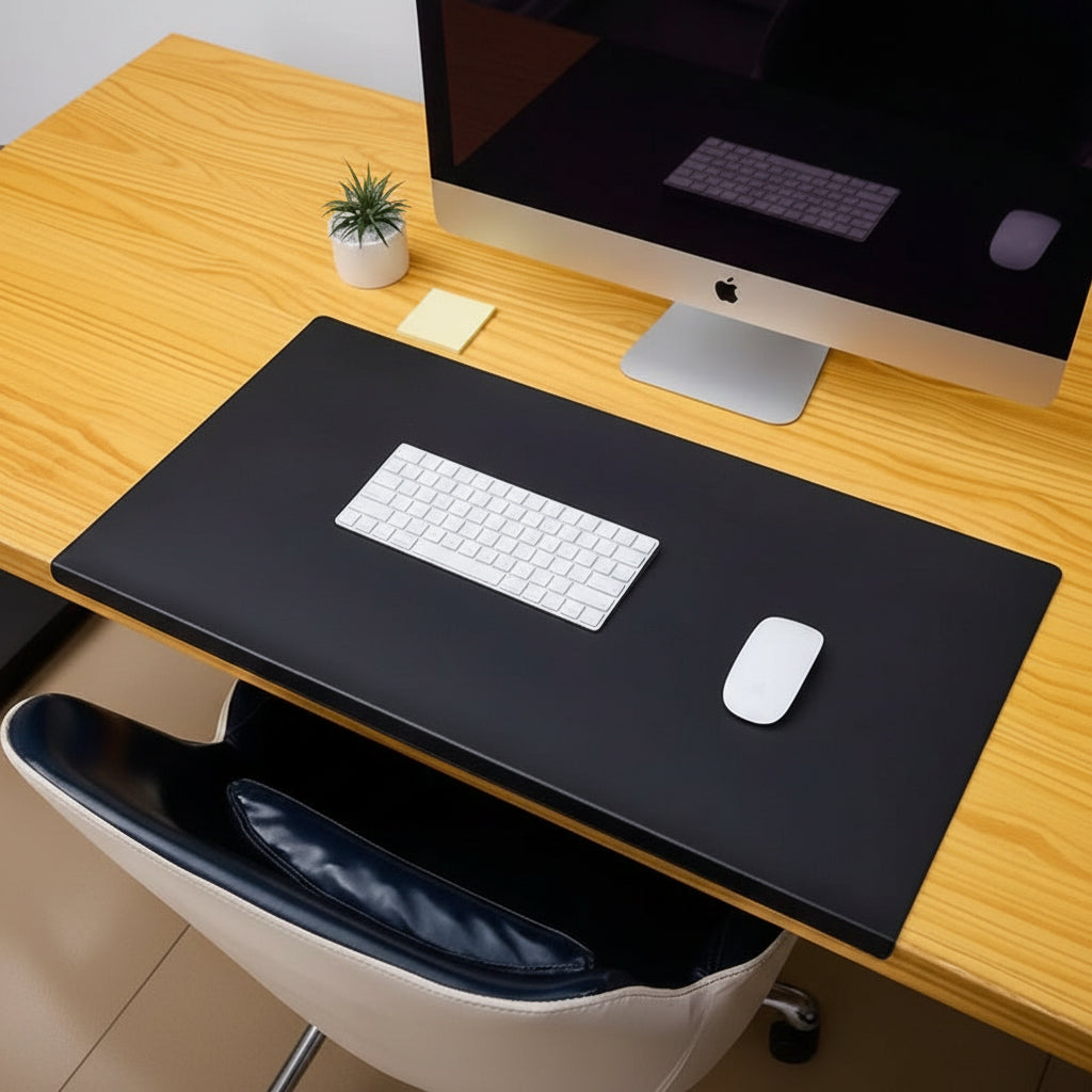 Large ergonomic PU leather desk pad with built-in wrist support. Essential computer accessory for comfort.