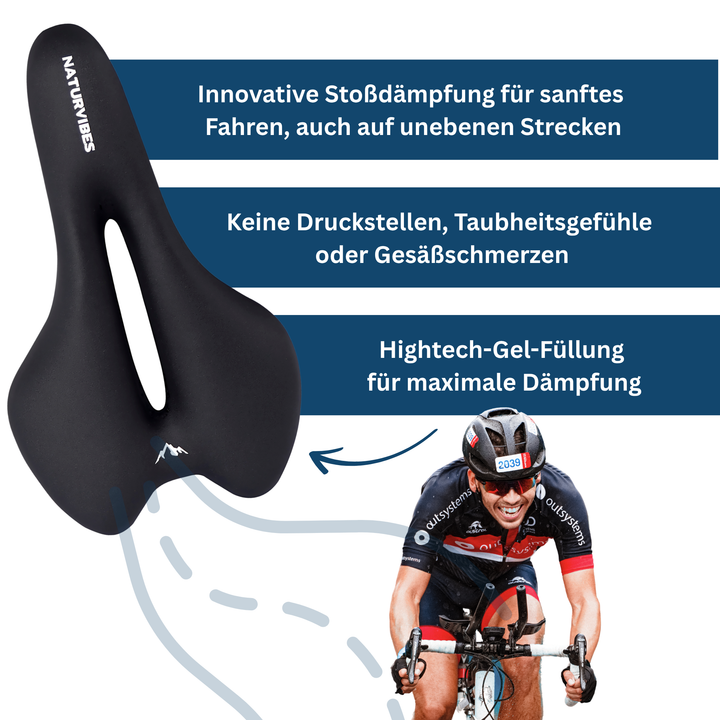 Black unisex ergonomic bicycle saddle with central cut-out, providing comfort for long-distance cycling