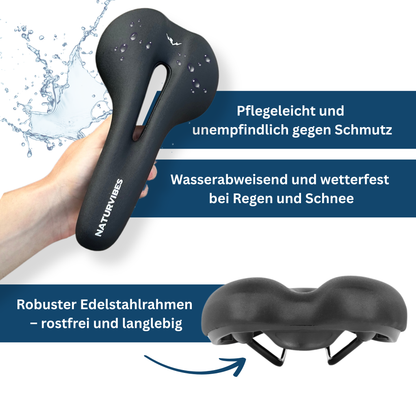 Close-up of a unisex ergonomic bike seat, showcasing its resilient material and contoured shape for support