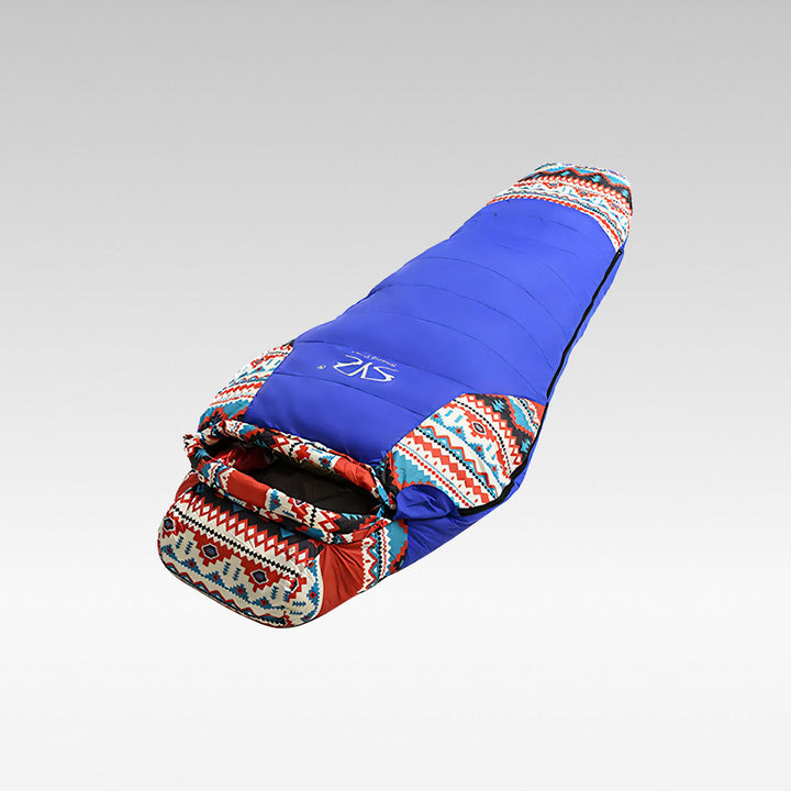 Unisex ethnic style down sleeping bag, vibrant pattern, camping gear, outdoor adventure