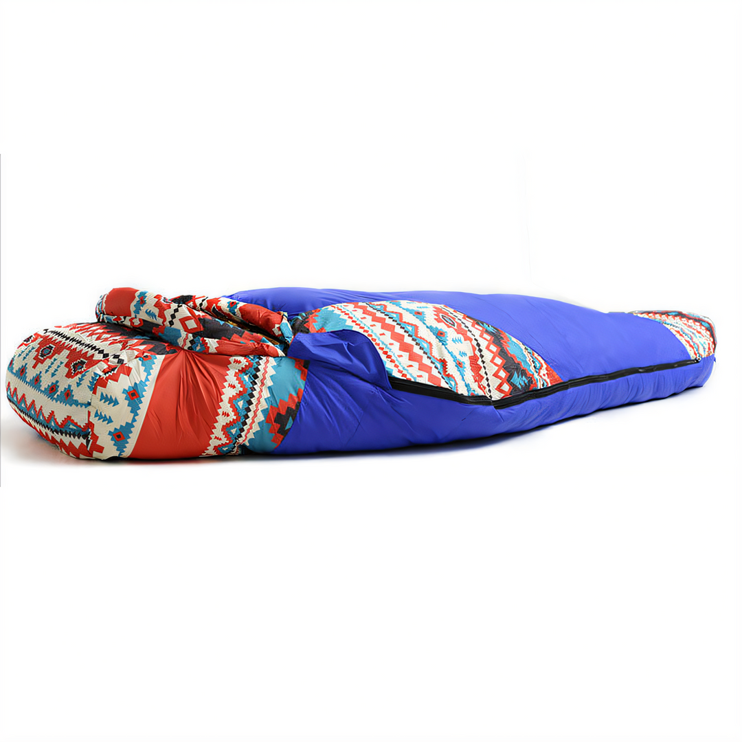 Unisex ethnic down sleeping bag open, showing soft interior, outdoor adventure equipment