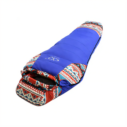Warm portable ethnic down sleeping bag for camping, side view, outdoor equipment