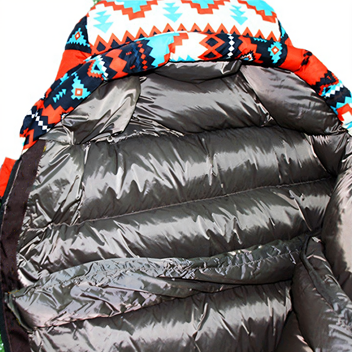 Unisex down sleeping bag with a drawstring hood, ethnic pattern, warm, outdoor