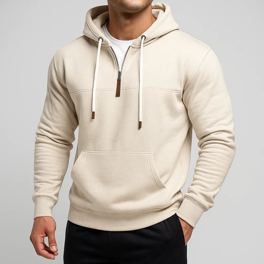 Unisex Everyday Comfort Half-Zip Hoodie in soft fabric, perfect for casual layering & cool weather warmth.