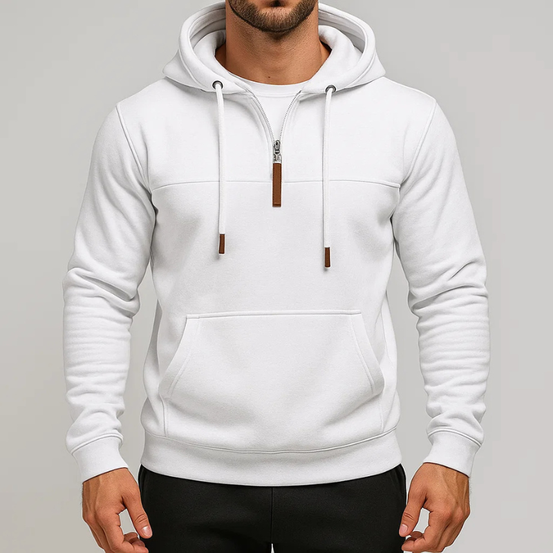 Soft & cozy unisex half-zip hoodie, an essential comfort wear pullover for versatile everyday styling.