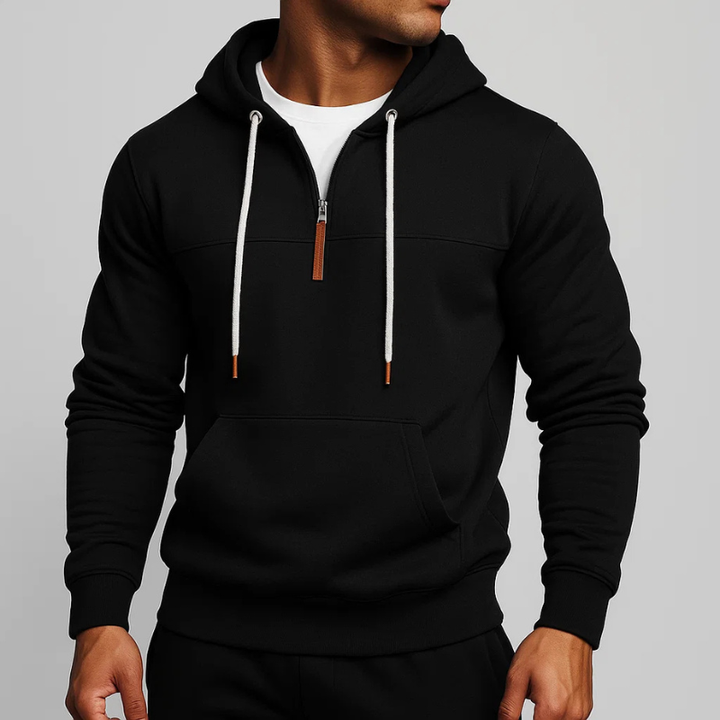 Unisex half-zip hoodie worn casually, showcasing its comfort wear & versatile everyday style for modern layering.