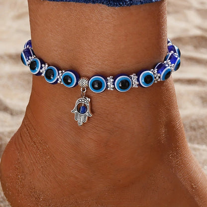 Unisex Evil Eye Protection Anklet. Blue beaded stretch fit symbolic jewelry for spiritual style & good luck.