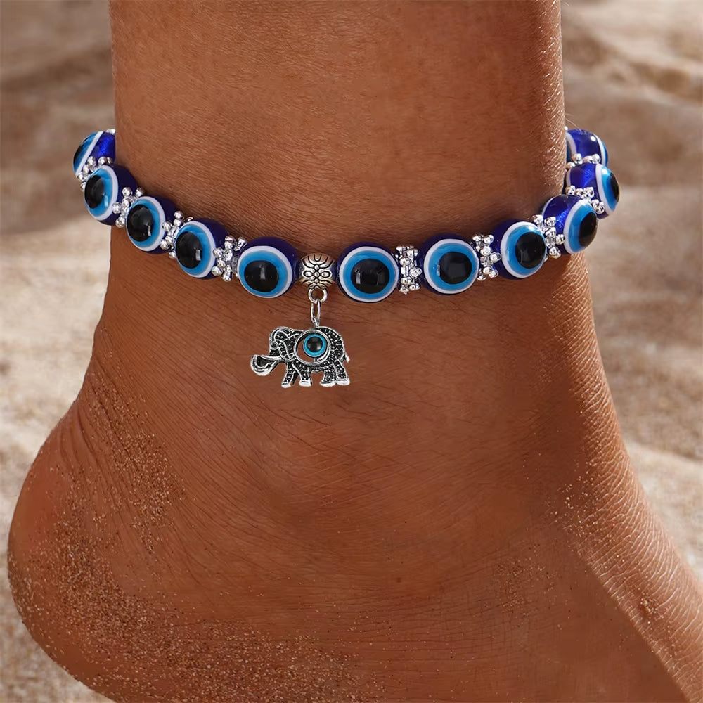 Blue Evil Eye Anklet, spiritual protection jewelry for men & women. Stretch fit symbolic charm anklet.