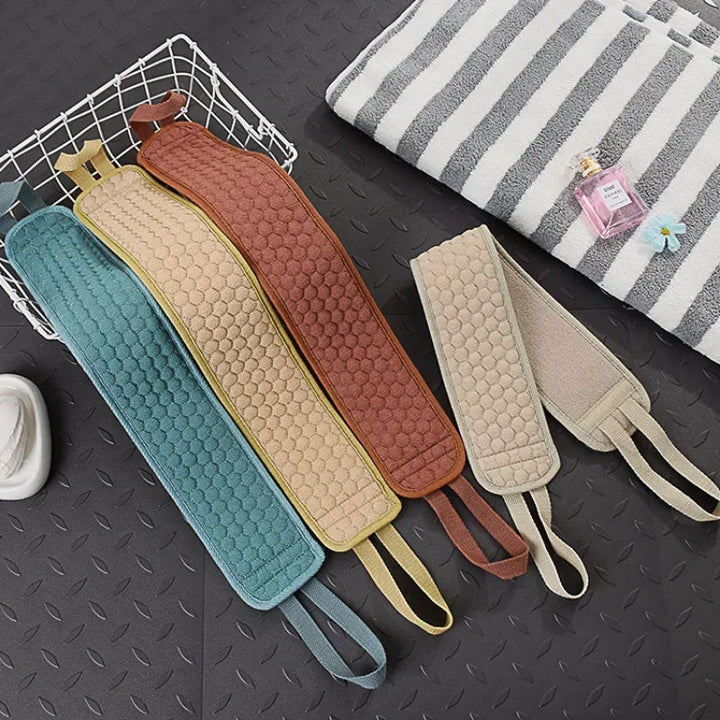 Long silicone exfoliating back scrubber with handles for easy full body deep clean & smooth skin. Great for hygiene.