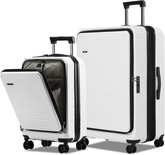 Unisex expandable hard shell carry-on luggage with front pocket, TSA lock & smooth spinner wheels.