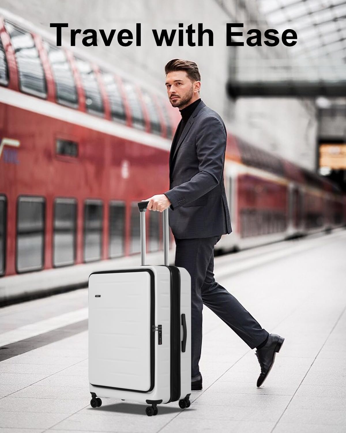 Front view of unisex expandable hardshell carry-on with laptop-ready front pocket & TSA lock.