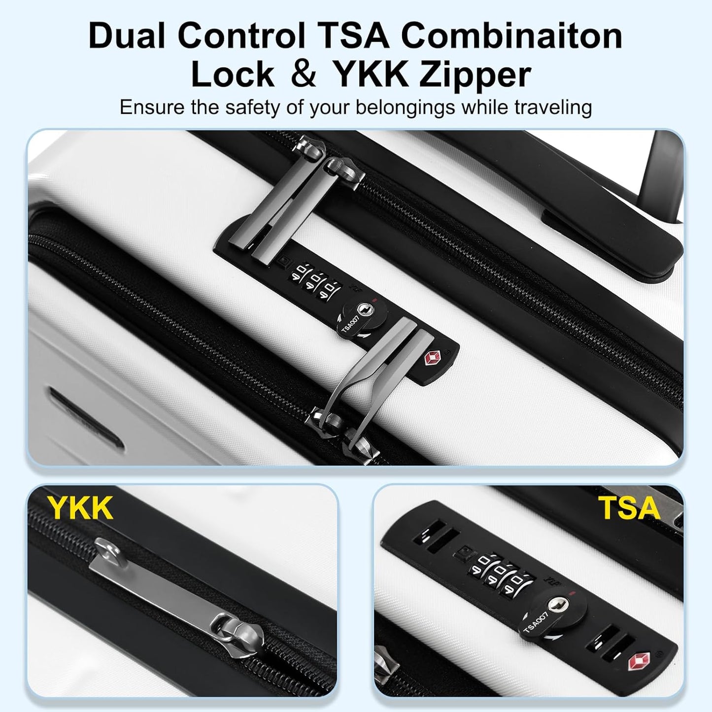 Close-up of integrated TSA lock on unisex expandable hardshell carry-on with front pocket.