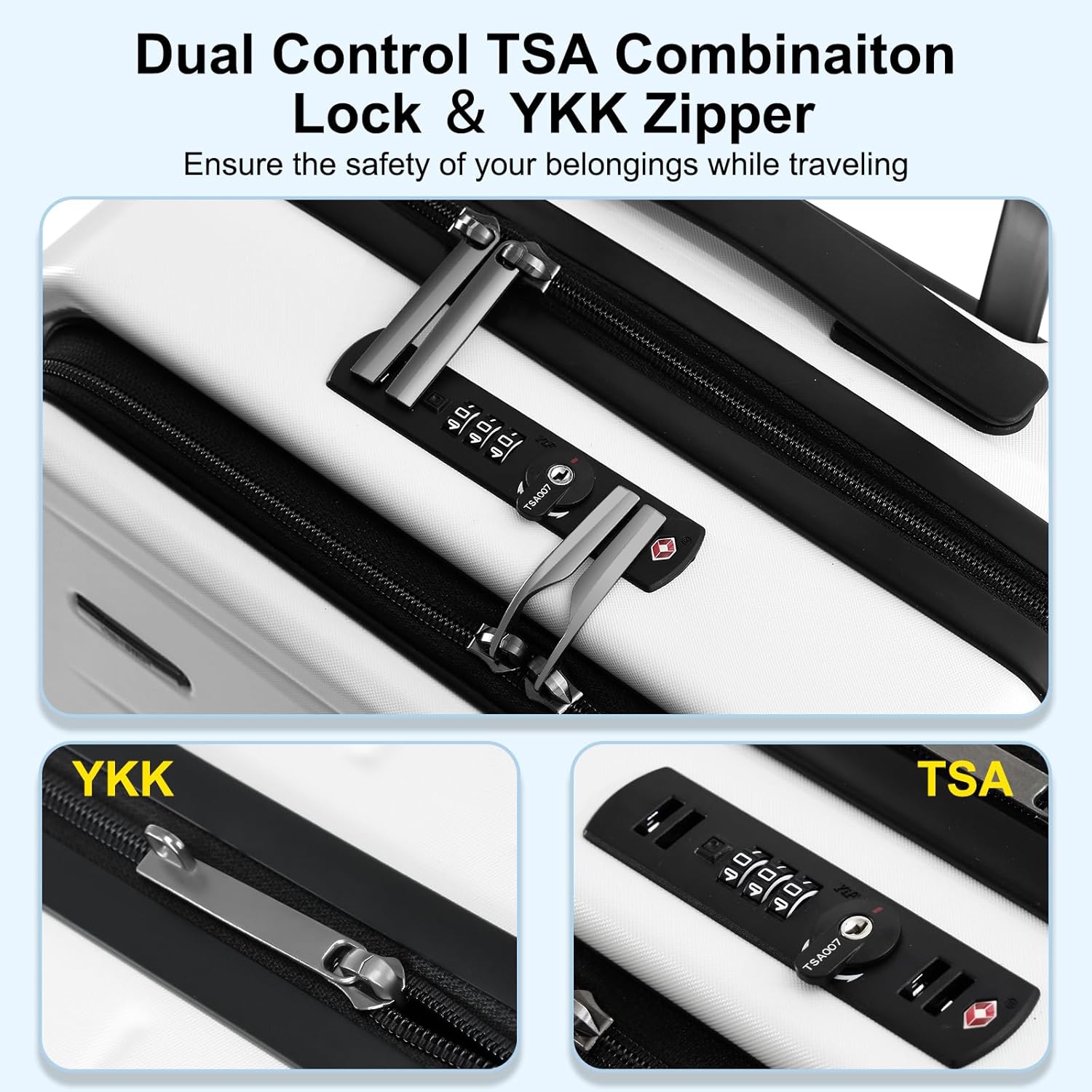 Close-up of integrated TSA lock on unisex expandable hardshell carry-on with front pocket.