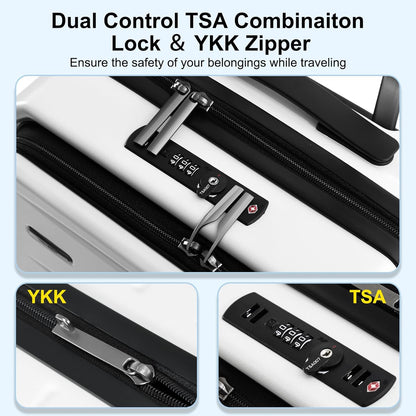 Close-up of integrated TSA lock on unisex expandable hardshell carry-on with front pocket.