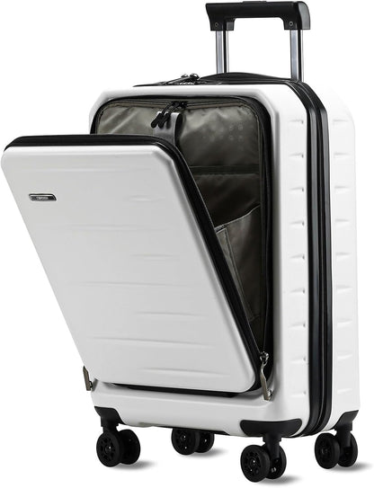 Smooth spinner wheels on unisex expandable hardshell carry-on luggage, front pocket, TSA lock.