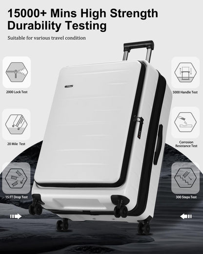 Unisex expandable hardshell carry-on with telescopic handle extended, front pocket, TSA lock.