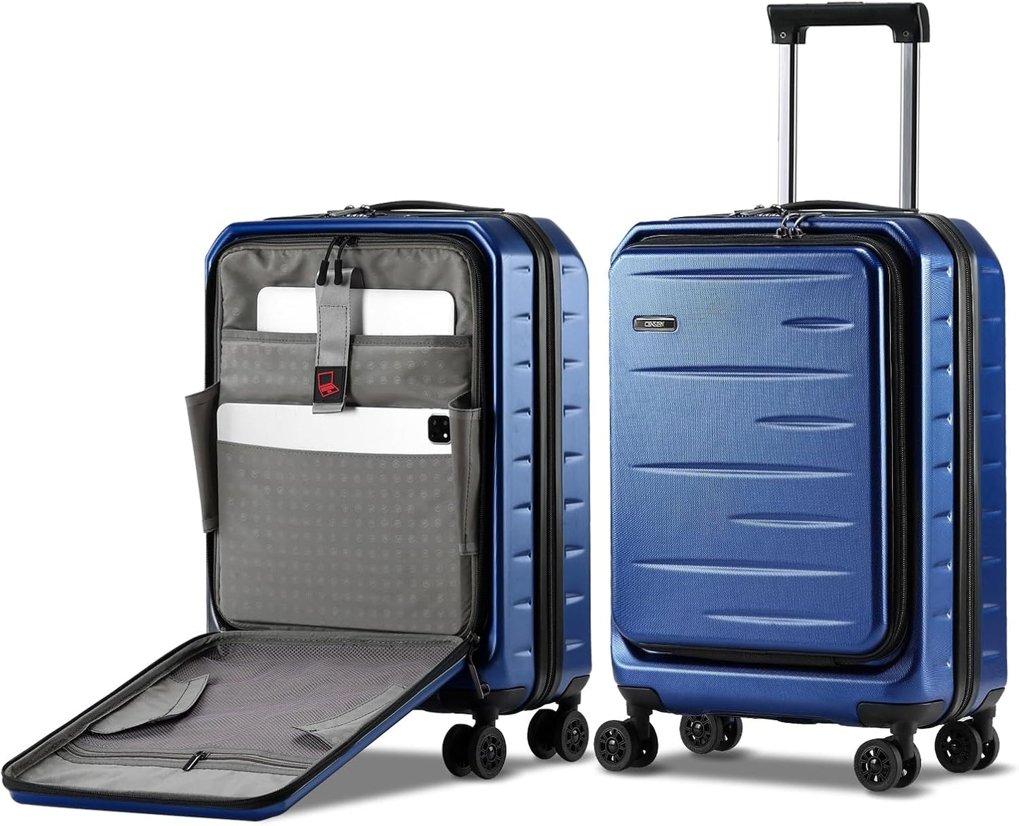 Ultra-durable unisex hardshell carry-on, expandable, secure TSA lock, front pocket convenience.