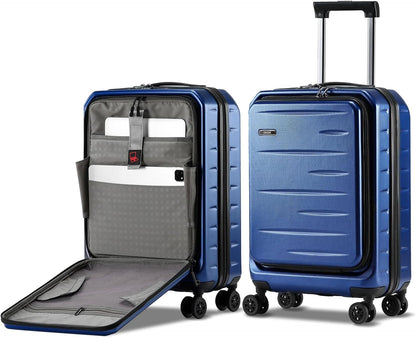 Ultra-durable unisex hardshell carry-on, expandable, secure TSA lock, front pocket convenience.