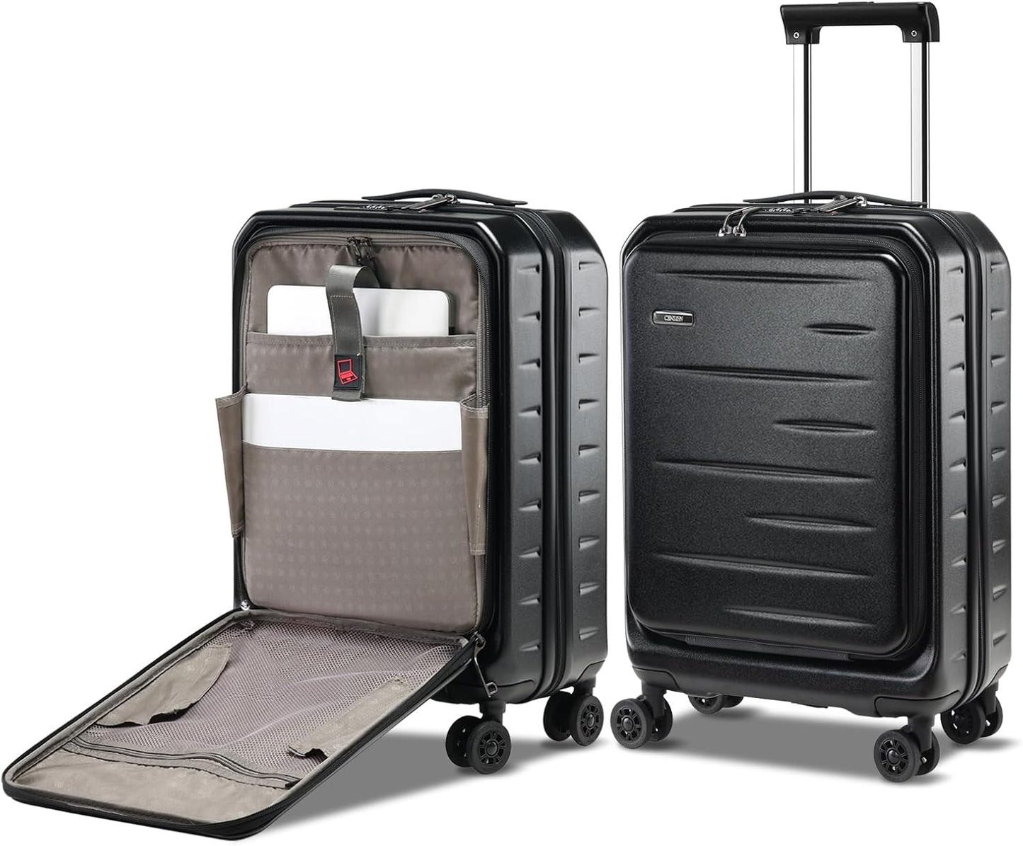 Modern unisex expandable hardshell carry-on, sleek design, front pocket for tech, TSA lock.