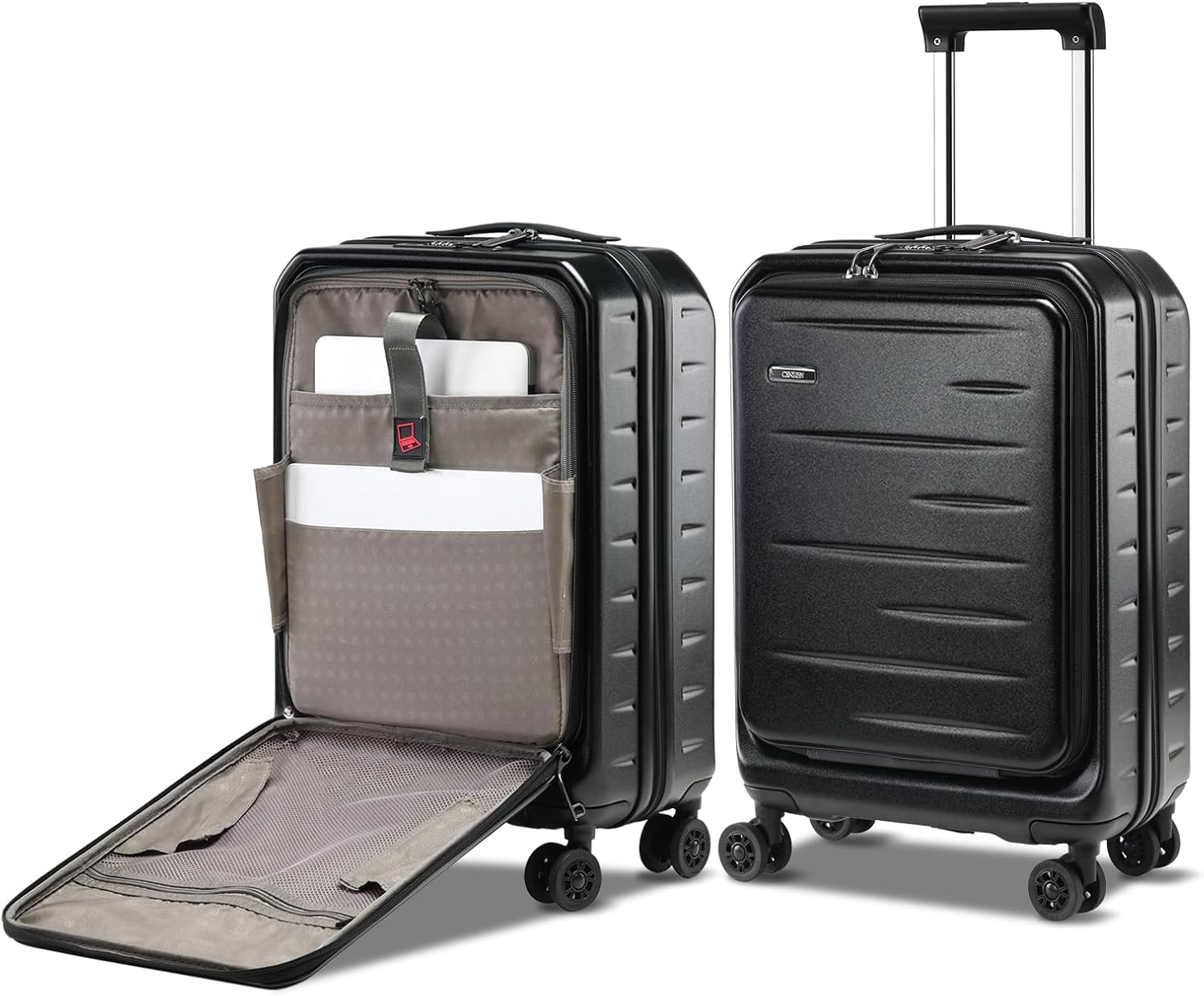 Modern unisex expandable hardshell carry-on, sleek design, front pocket for tech, TSA lock.