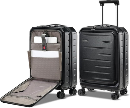Modern unisex expandable hardshell carry-on, sleek design, front pocket for tech, TSA lock.