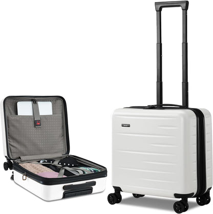 Unisex carry-on with quick-access front pocket for electronics, expandable hardshell, TSA lock.