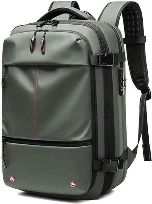 Unisex expandable travel backpack with anti-theft lock and wet compartment.