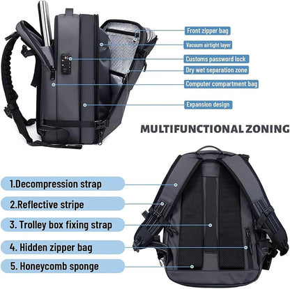 Expandable compression travel bag, ideal carry-on with anti-theft lock & dedicated wet compartment.