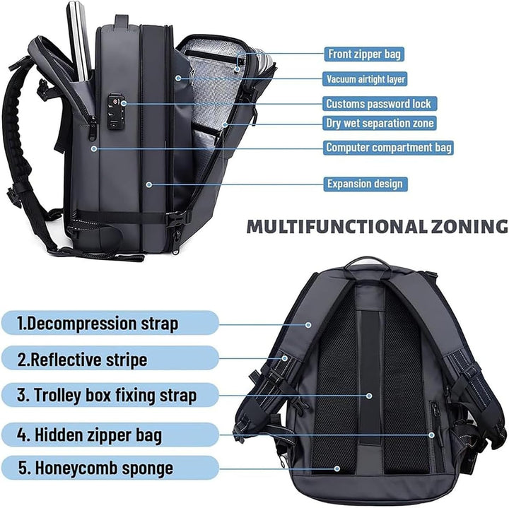 Expandable compression travel bag, ideal carry-on with anti-theft lock & dedicated wet compartment.